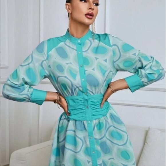 ELEGANT MULTICOLOR GEO PRINT BUTTON DOWN SHIRT DRESS - Picture 4 of 8